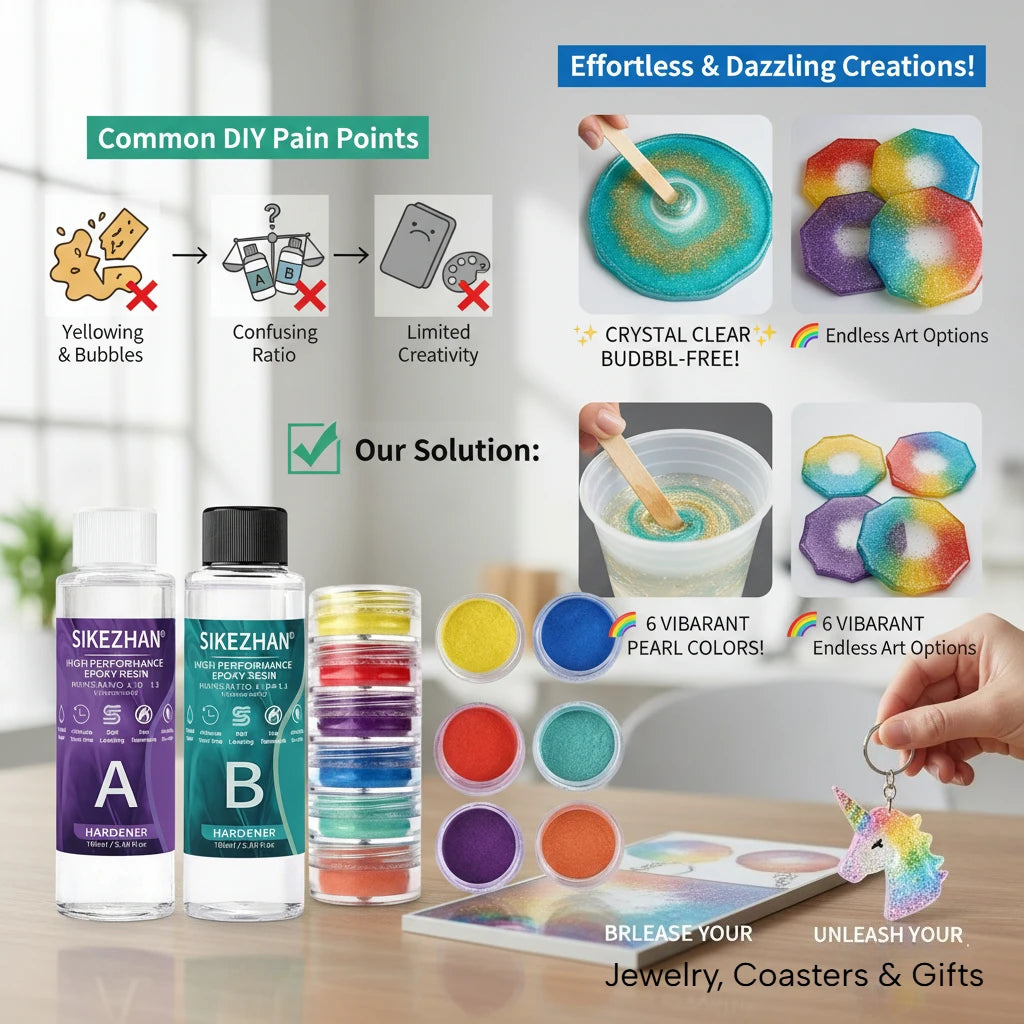 Crystal Clear Epoxy Resin Kit & 6 Colors Mica Powder, Bubble Free AB Glue for DIY Jewelry Making, Nail Art,Soap & Casting Crafts