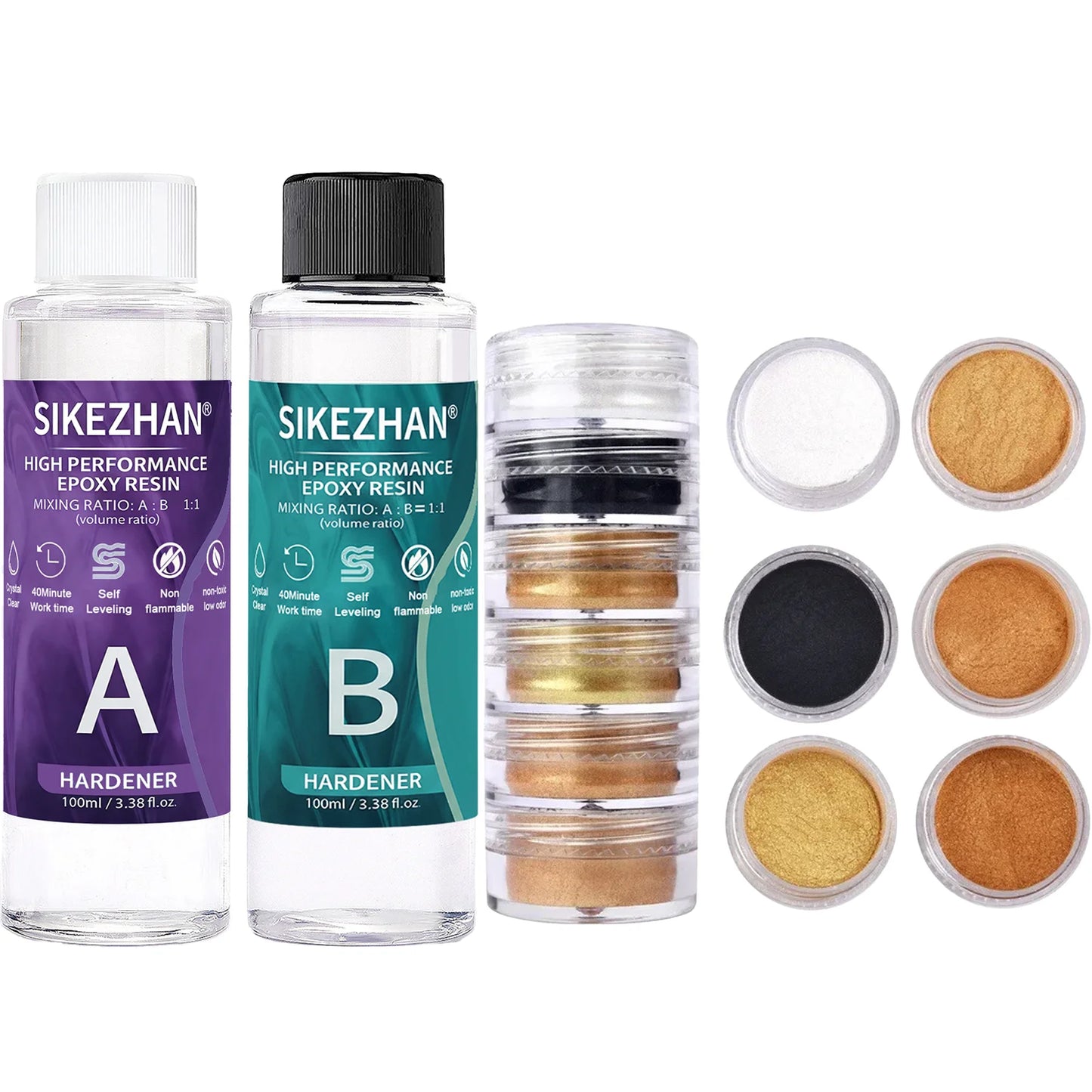 Crystal Clear Epoxy Resin Kit & 6 Colors Mica Powder, Bubble Free AB Glue for DIY Jewelry Making, Nail Art,Soap & Casting Crafts
