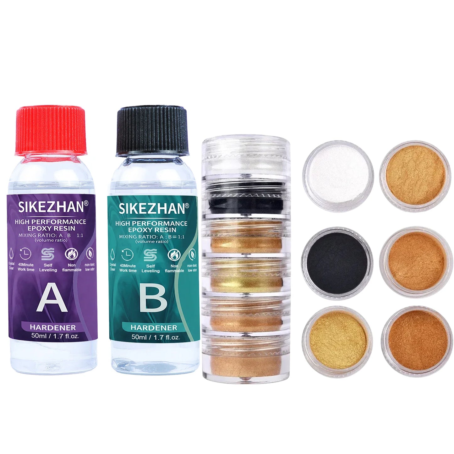 Crystal Clear Epoxy Resin Kit & 6 Colors Mica Powder, Bubble Free AB Glue for DIY Jewelry Making, Nail Art,Soap & Casting Crafts