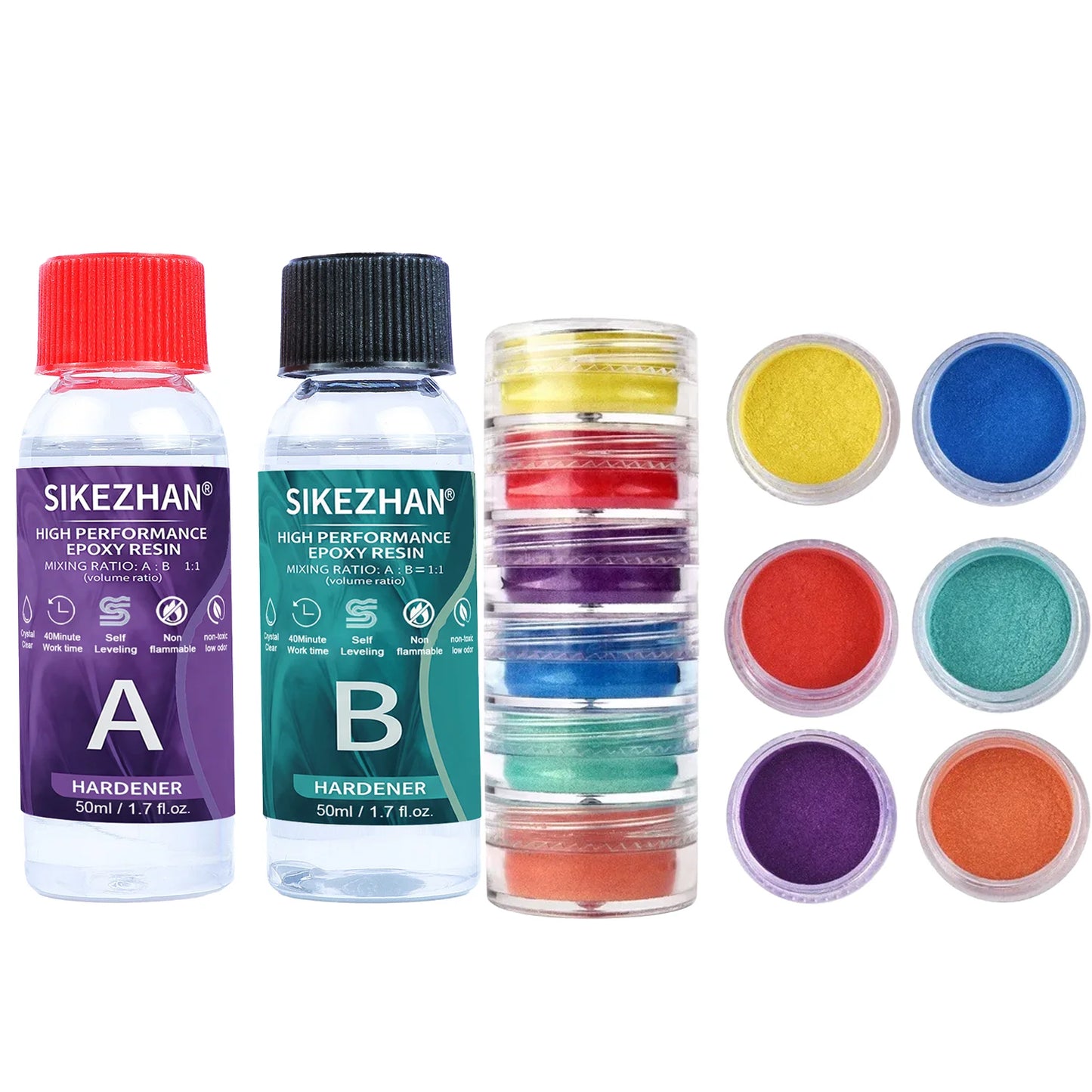 Crystal Clear Epoxy Resin Kit & 6 Colors Mica Powder, Bubble Free AB Glue for DIY Jewelry Making, Nail Art,Soap & Casting Crafts