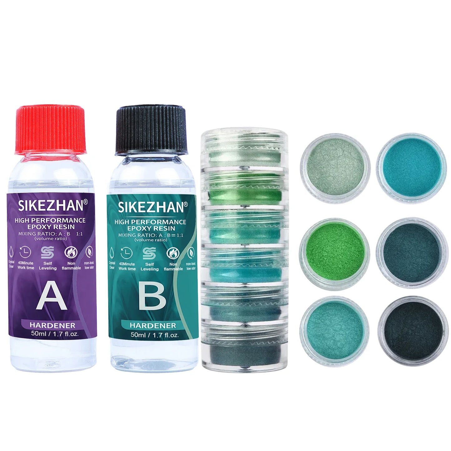 Crystal Clear Epoxy Resin Kit & 6 Colors Mica Powder, Bubble Free AB Glue for DIY Jewelry Making, Nail Art,Soap & Casting Crafts