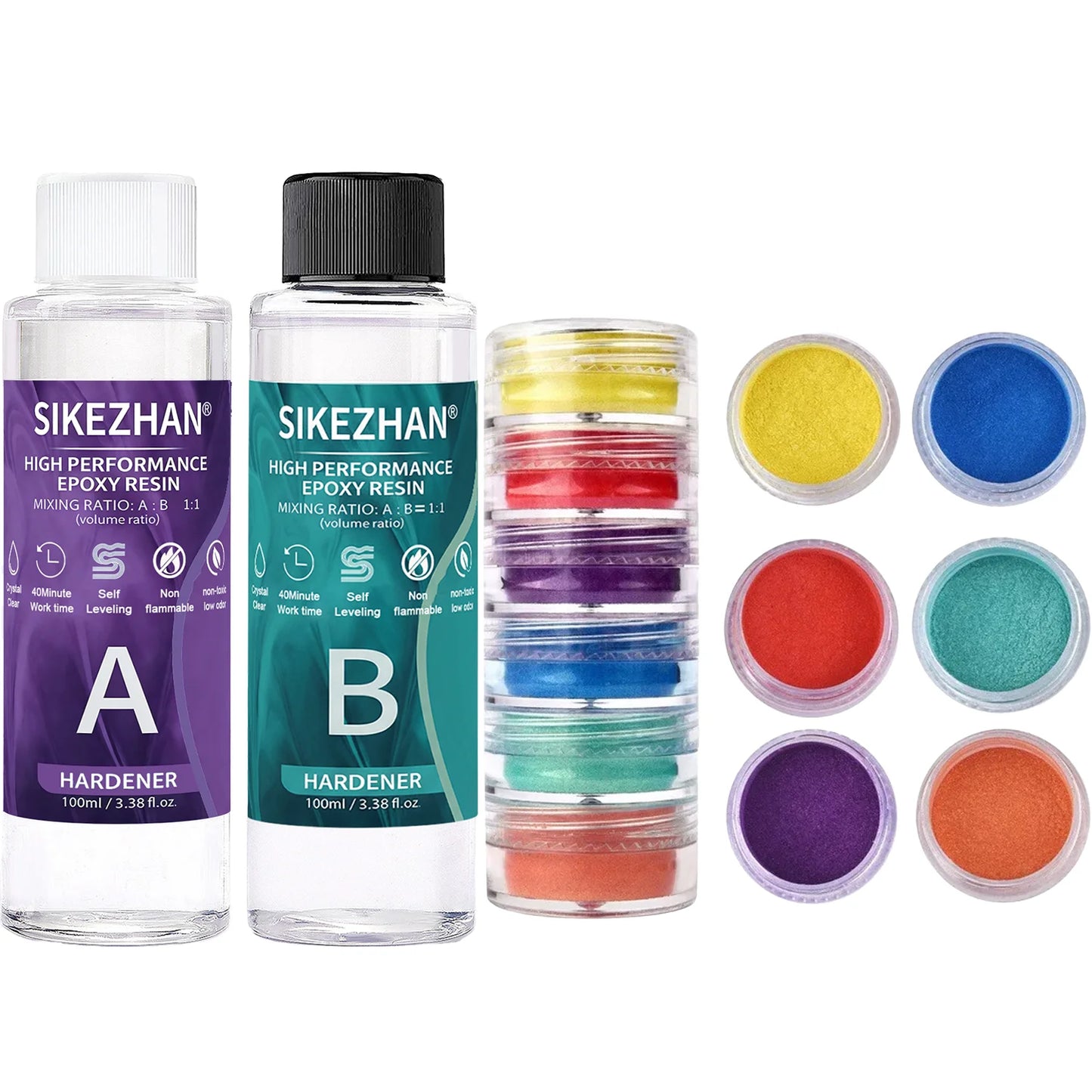 Crystal Clear Epoxy Resin Kit & 6 Colors Mica Powder, Bubble Free AB Glue for DIY Jewelry Making, Nail Art,Soap & Casting Crafts