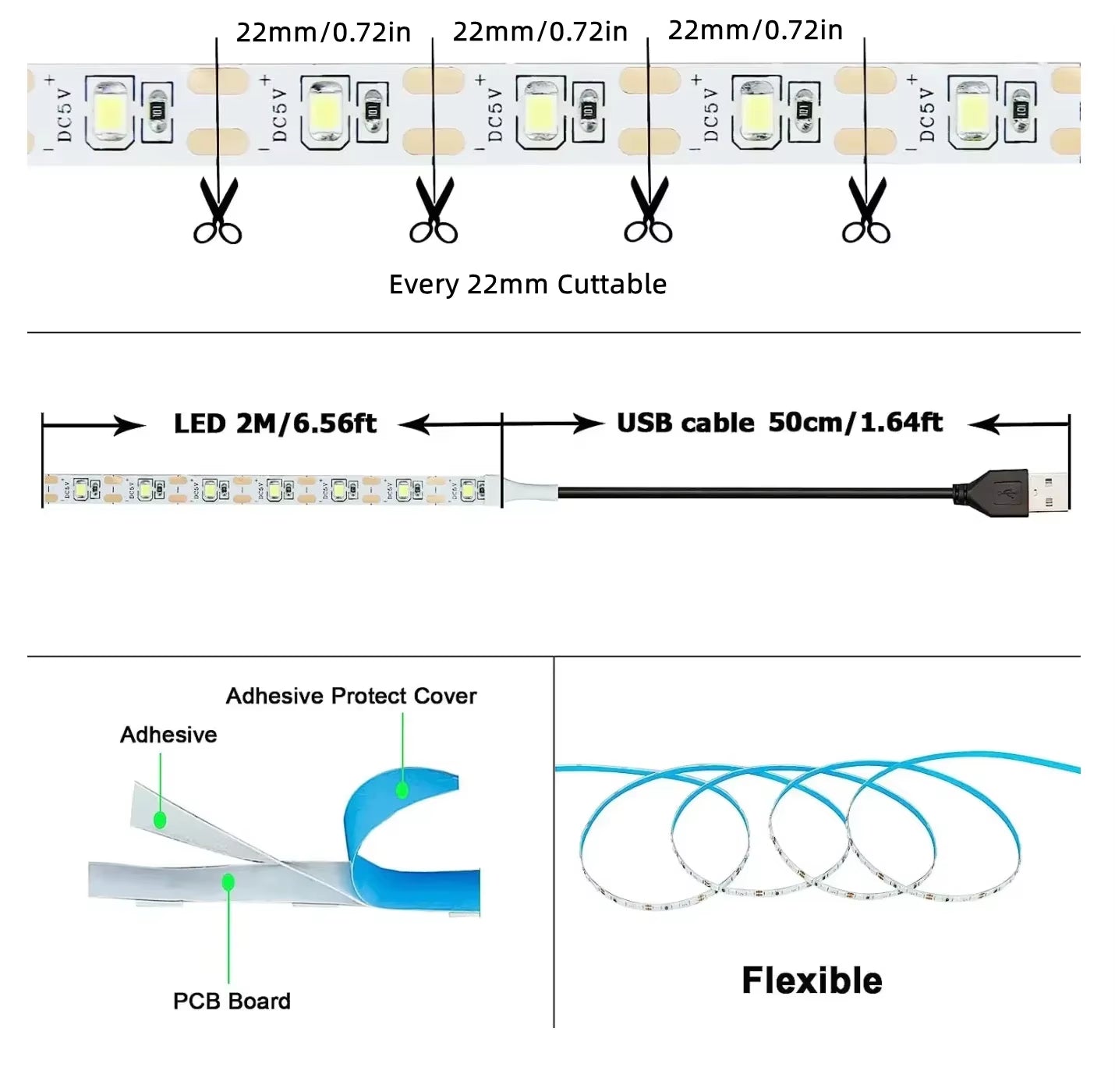 DC 5V USB LED Strips 2835 White Warm White LED Strip Light TV Background Lighting Tape Home Decor Lamp 1- 5M LED String Light