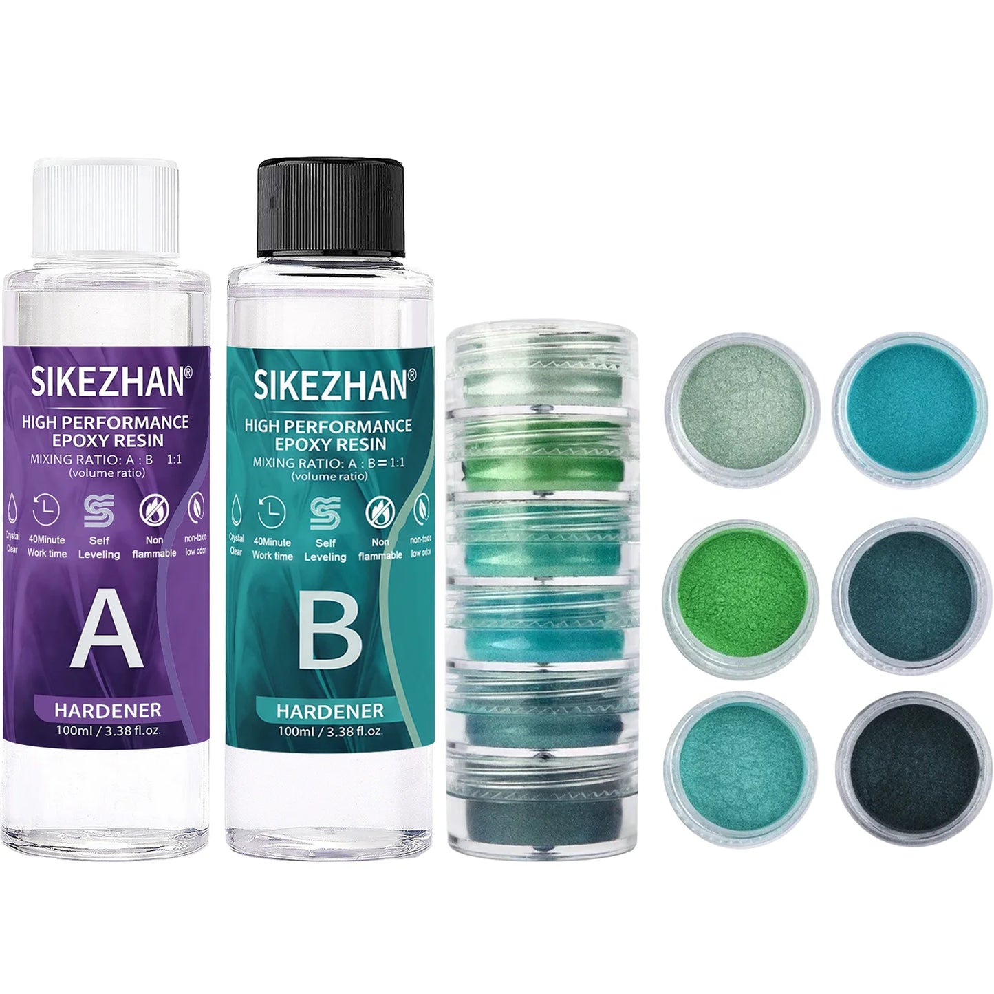 Crystal Clear Epoxy Resin Kit & 6 Colors Mica Powder, Bubble Free AB Glue for DIY Jewelry Making, Nail Art,Soap & Casting Crafts