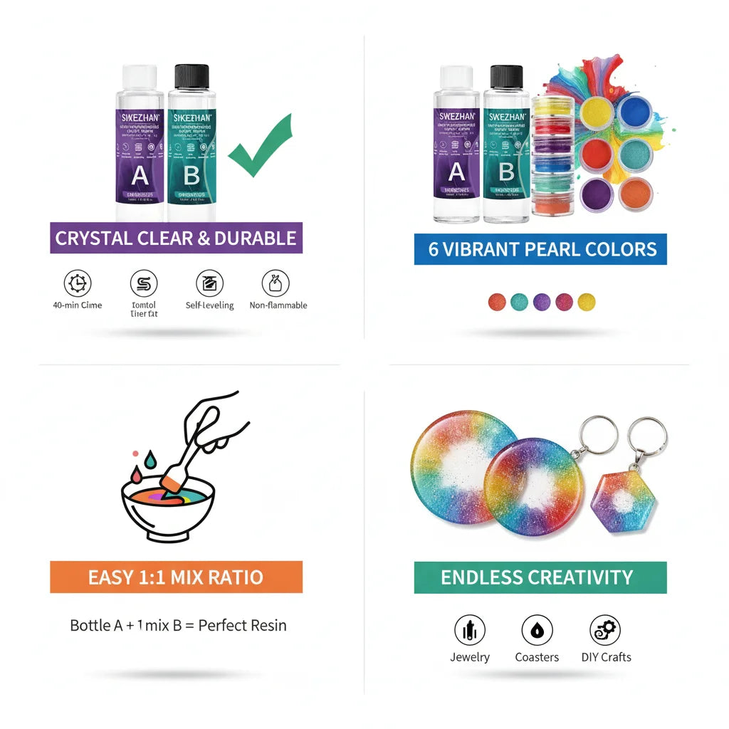 Crystal Clear Epoxy Resin Kit & 6 Colors Mica Powder, Bubble Free AB Glue for DIY Jewelry Making, Nail Art,Soap & Casting Crafts