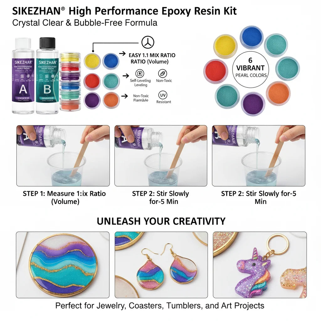 Crystal Clear Epoxy Resin Kit & 6 Colors Mica Powder, Bubble Free AB Glue for DIY Jewelry Making, Nail Art,Soap & Casting Crafts